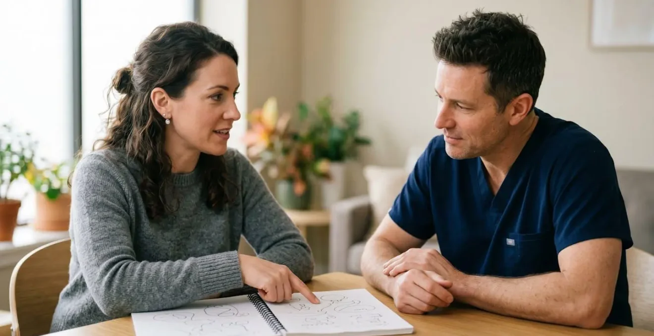 Healthcare professional and patient reviewing medical notes together in collaborative consultation