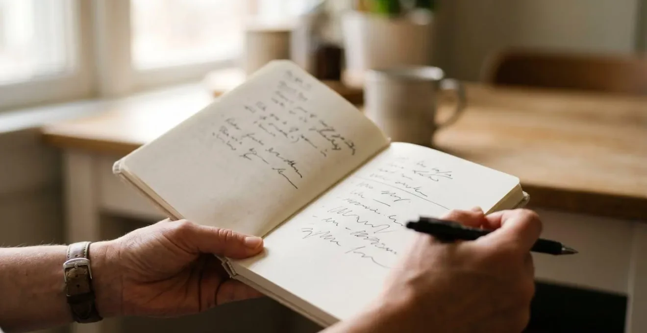 A close-up of hands holding a simple health journal with handwritten notes preparing for a productive GP appointment