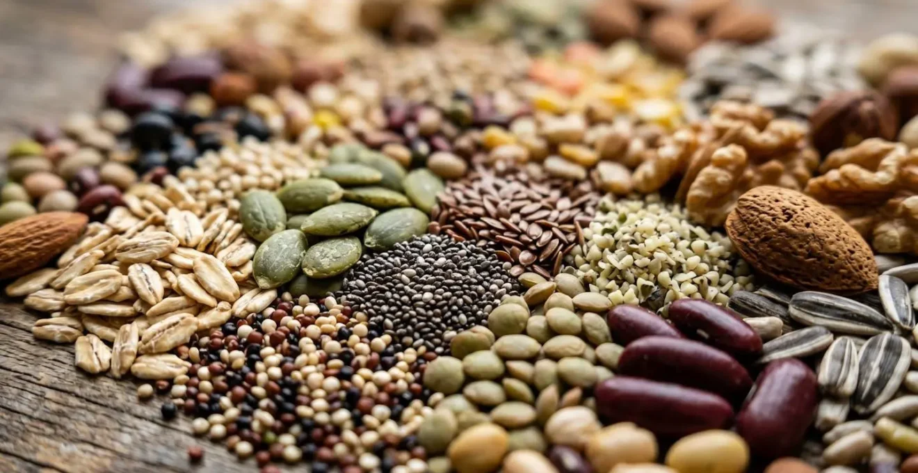 Extreme macro photograph showcasing the intricate textures and vibrant colors of diverse plant-based foods including seeds, grains, and legumes
