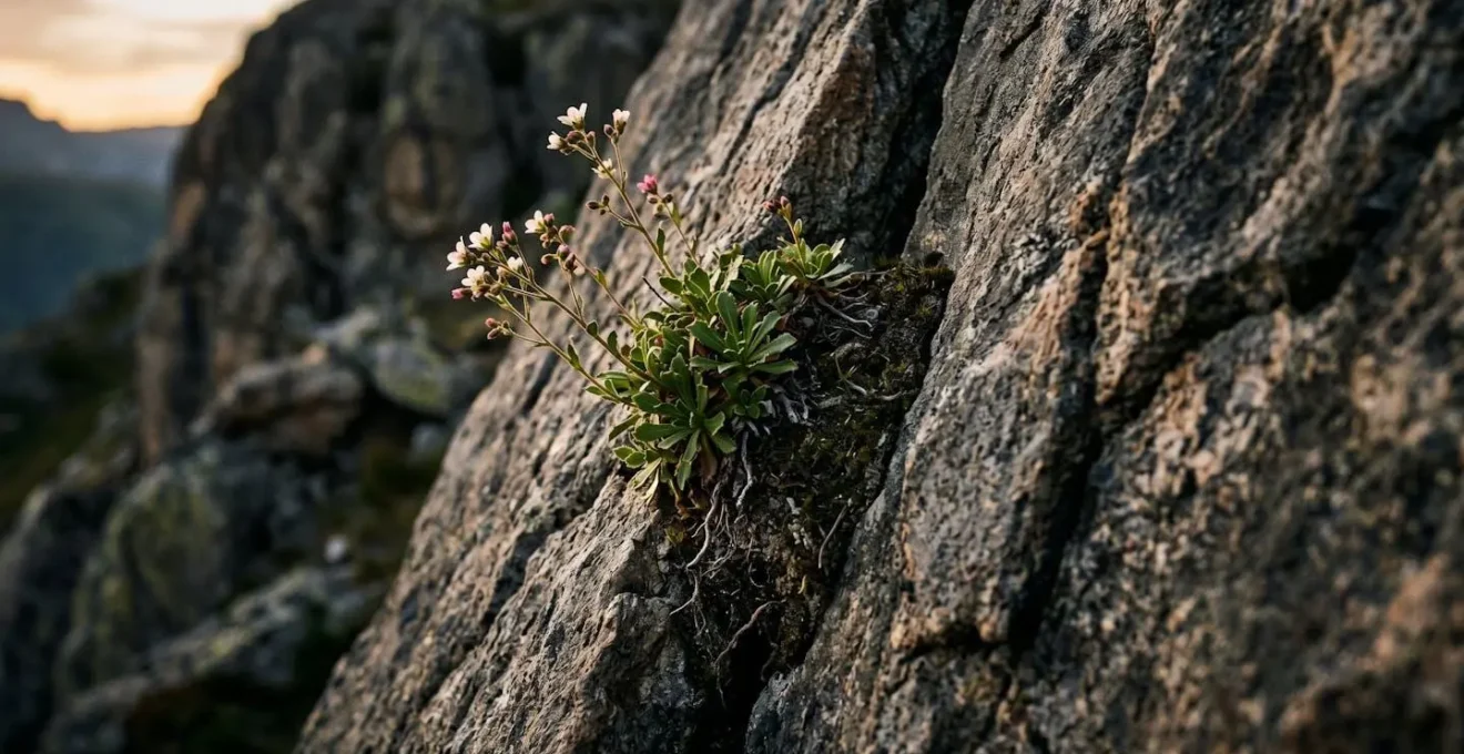 Symbolic metaphor showing natural growth emerging from challenging conditions representing antifragility and resilience building