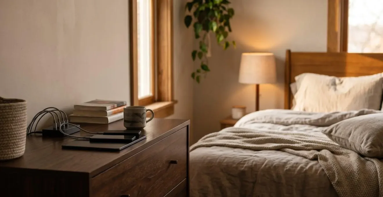 Serene bedroom environment at dusk with phone charging station positioned away from bed and soft ambient lighting
