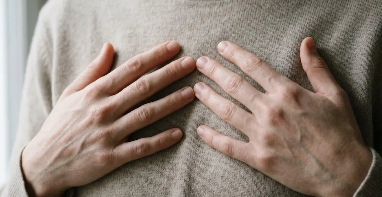 Close-up of hands resting on chest area showing mindful body awareness and grounding technique for emotional regulation