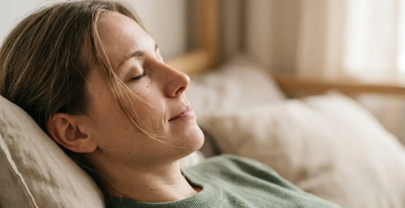 Peaceful face of a person in deep relaxation with eyes gently closed, showing a subtle expression of inner calm and release