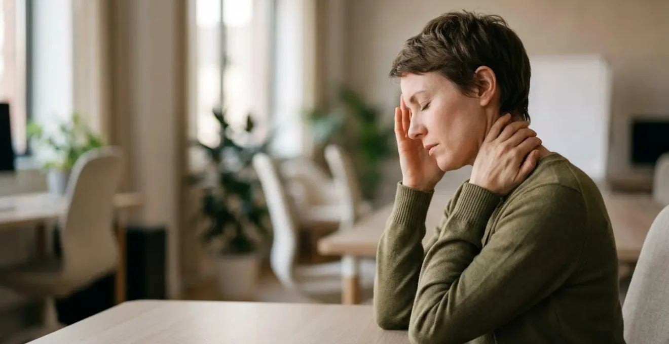 Professional experiencing workplace stress reflected through subtle physical tension and breathing patterns
