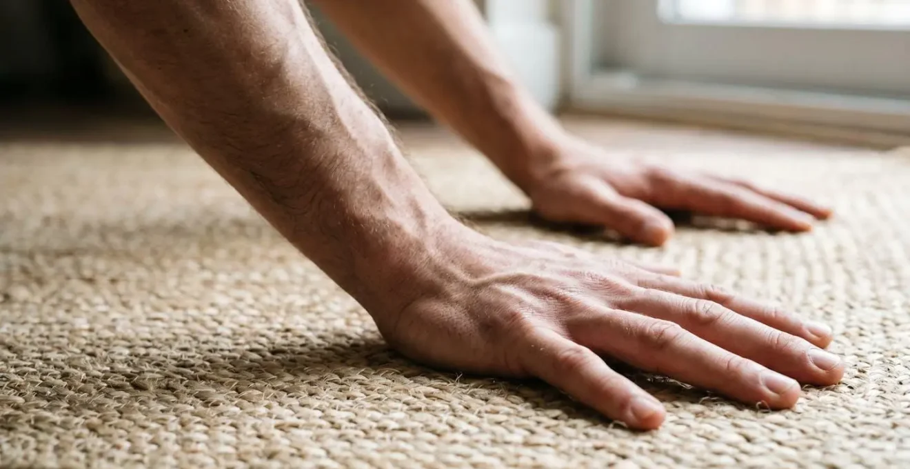 Close-up detail of hands in proper yoga pose alignment showing correct wrist and shoulder positioning for joint safety