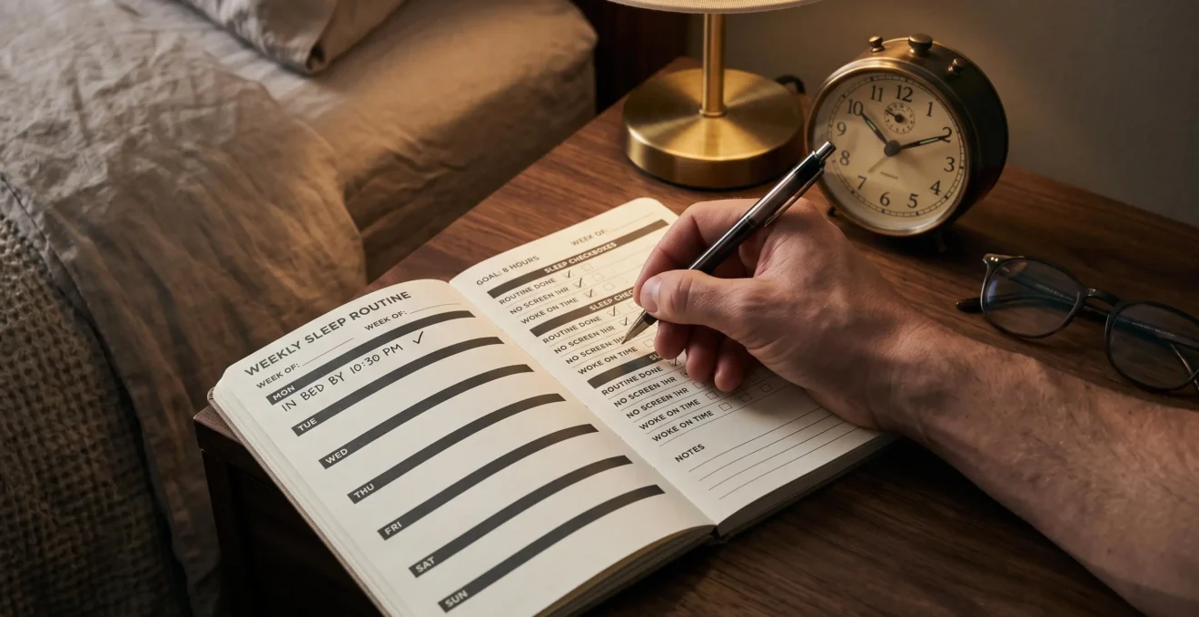 A hand ticking off a checkbox in a paper weekly planner placed next to an analog alarm clock on a bedside table.