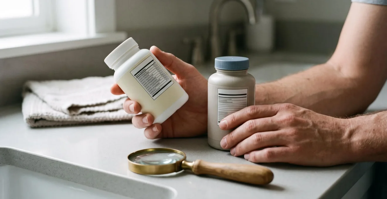 Close-up of hands comparing the labels of two probiotic supplement bottles on a bathroom shelf.