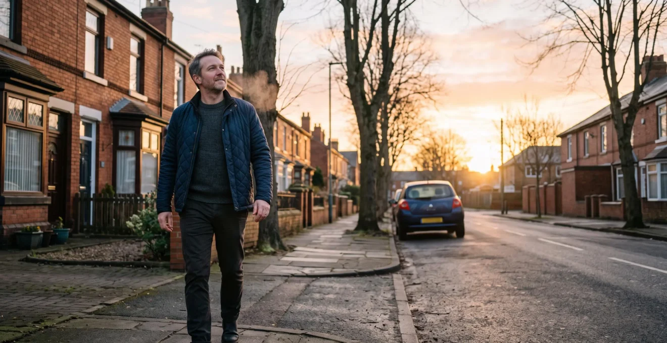 A man walking outside on a residential street in the early morning sunlight.