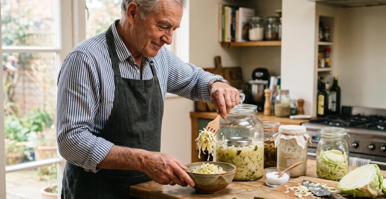 An older man serves fermented vegetables from a glass jar into a bowl in his kitchen, surrounded by yogurt and fresh cabbage.