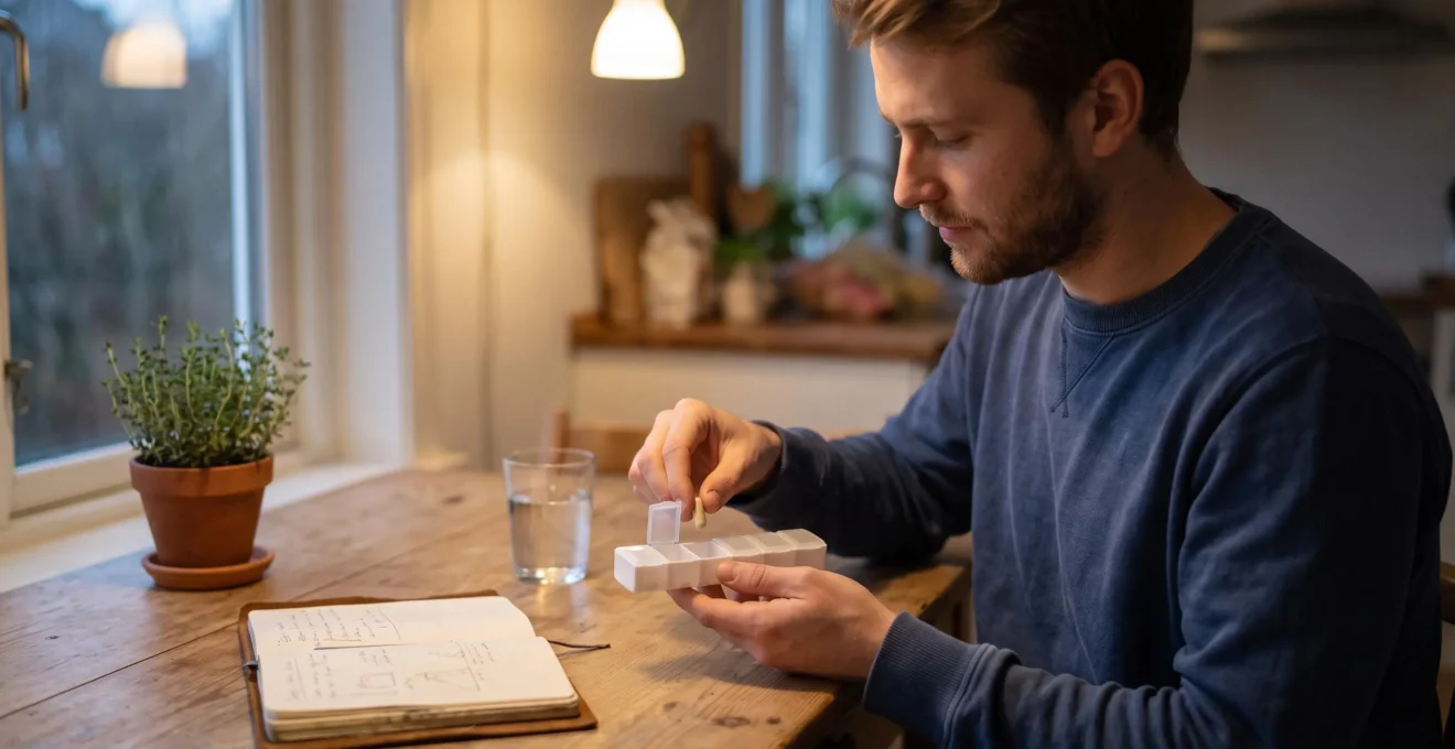 A young man takes a probiotic capsule from a weekly pill organizer at a wooden table in the evening.