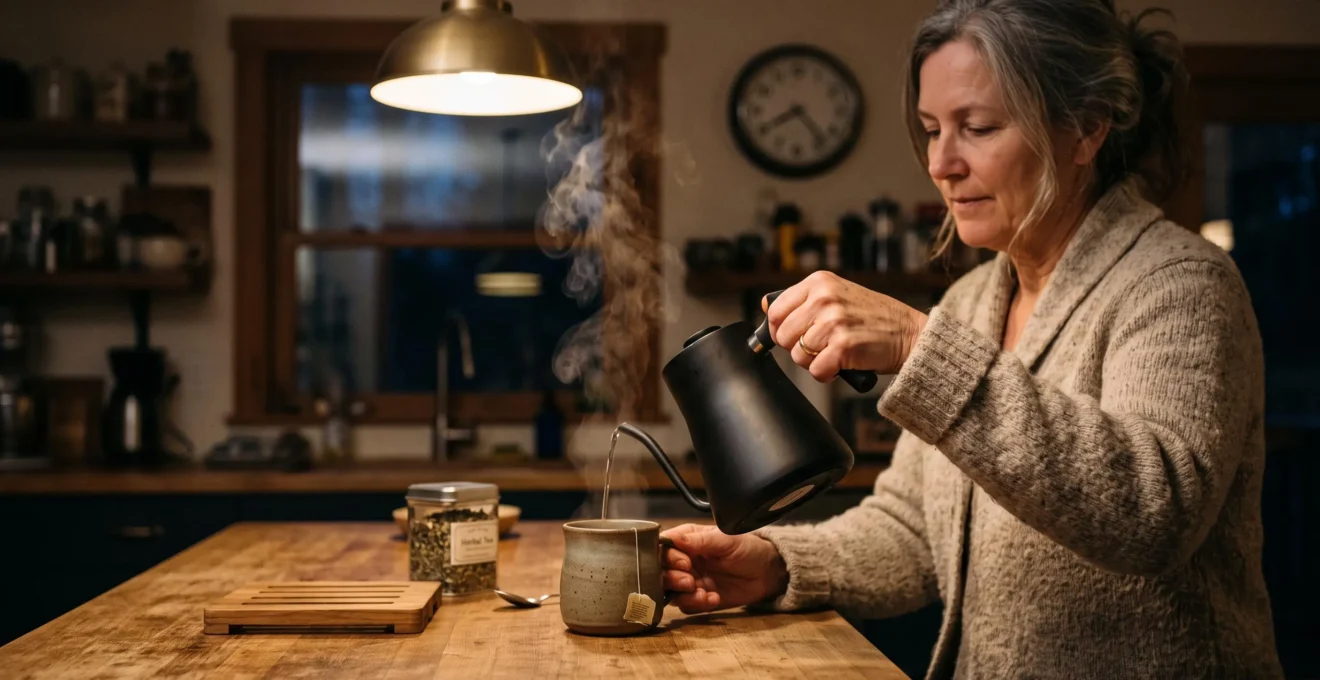 A woman pouring hot caffeine-free herbal tea into a mug in a dimly lit kitchen in the evening.