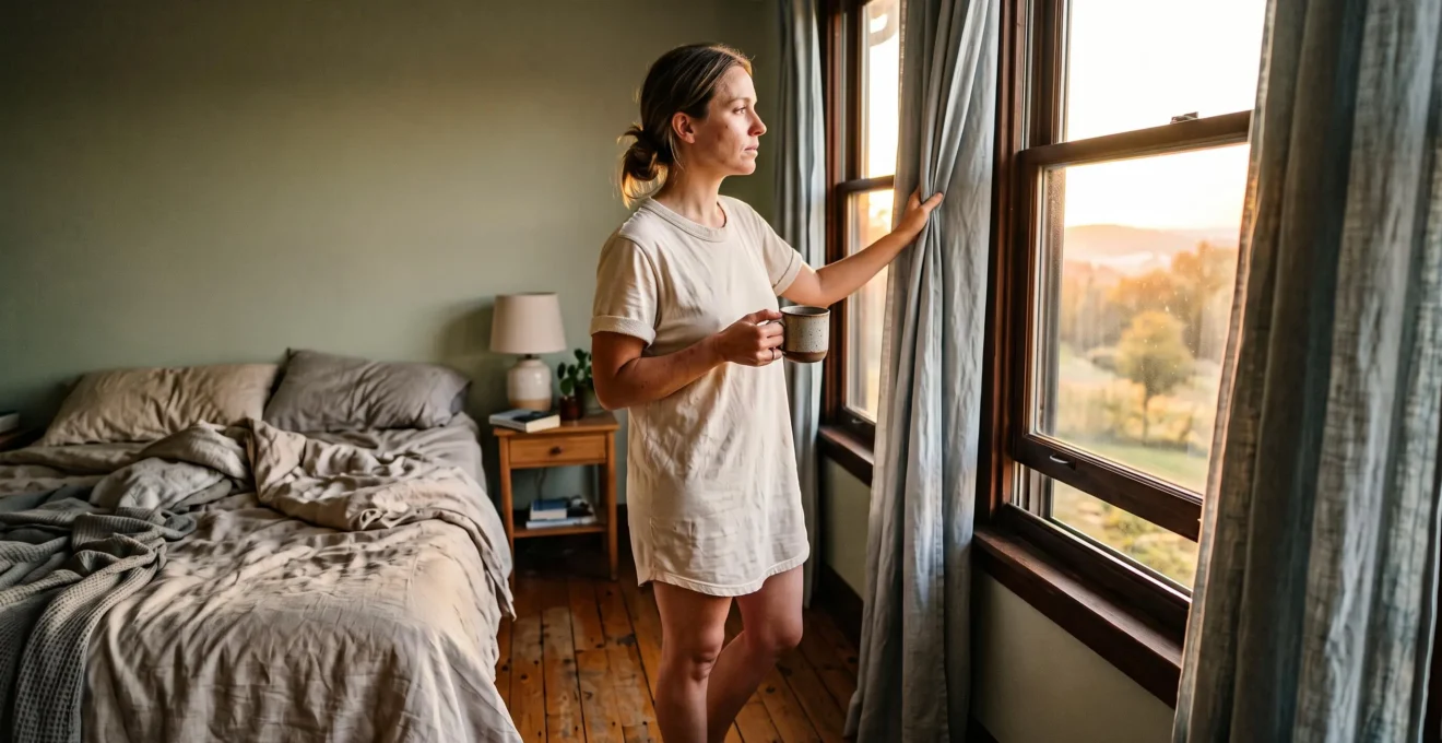 A woman opening her bedroom curtains at sunrise to let in the first natural light of the day.