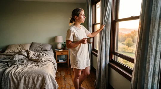 A woman opening her bedroom curtains at sunrise to let in the first natural light of the day.