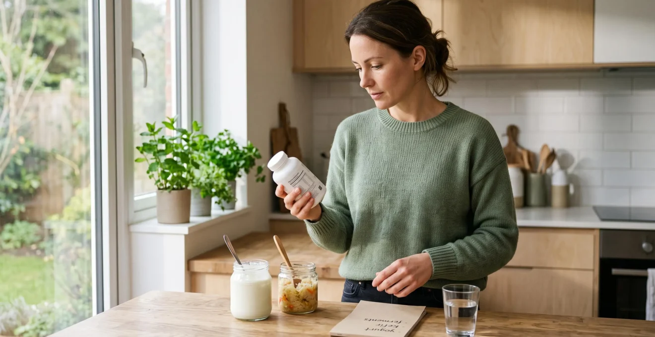 A woman reads the label of a probiotic supplement bottle in her kitchen, surrounded by yogurt, fermented vegetables and a glass of water.