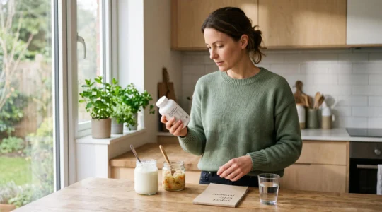 A woman reads the label of a probiotic supplement bottle in her kitchen, surrounded by yogurt, fermented vegetables and a glass of water.
