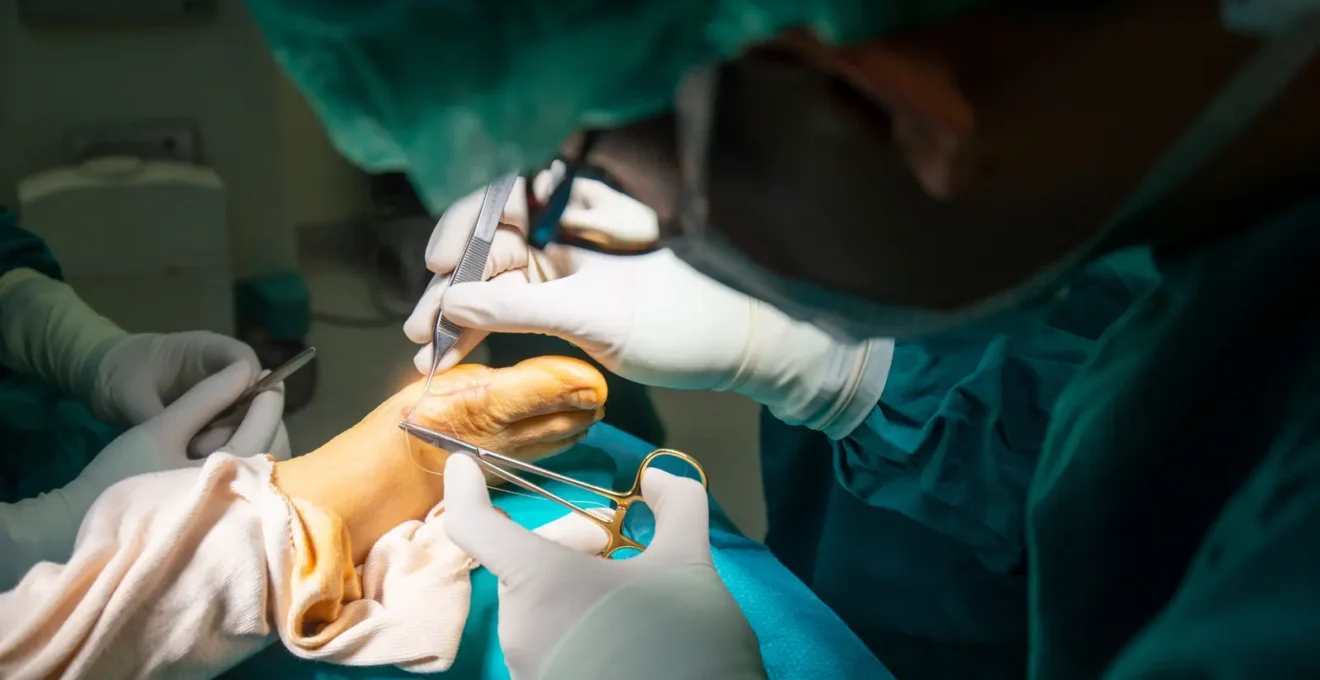 Surgeon performing minimally invasive foot surgery in a modern operating room.