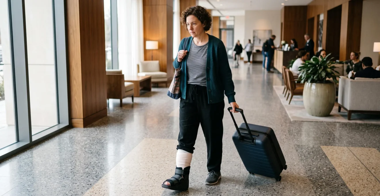 Patient with a surgical shoe walking carefully through a hotel lobby with luggage.