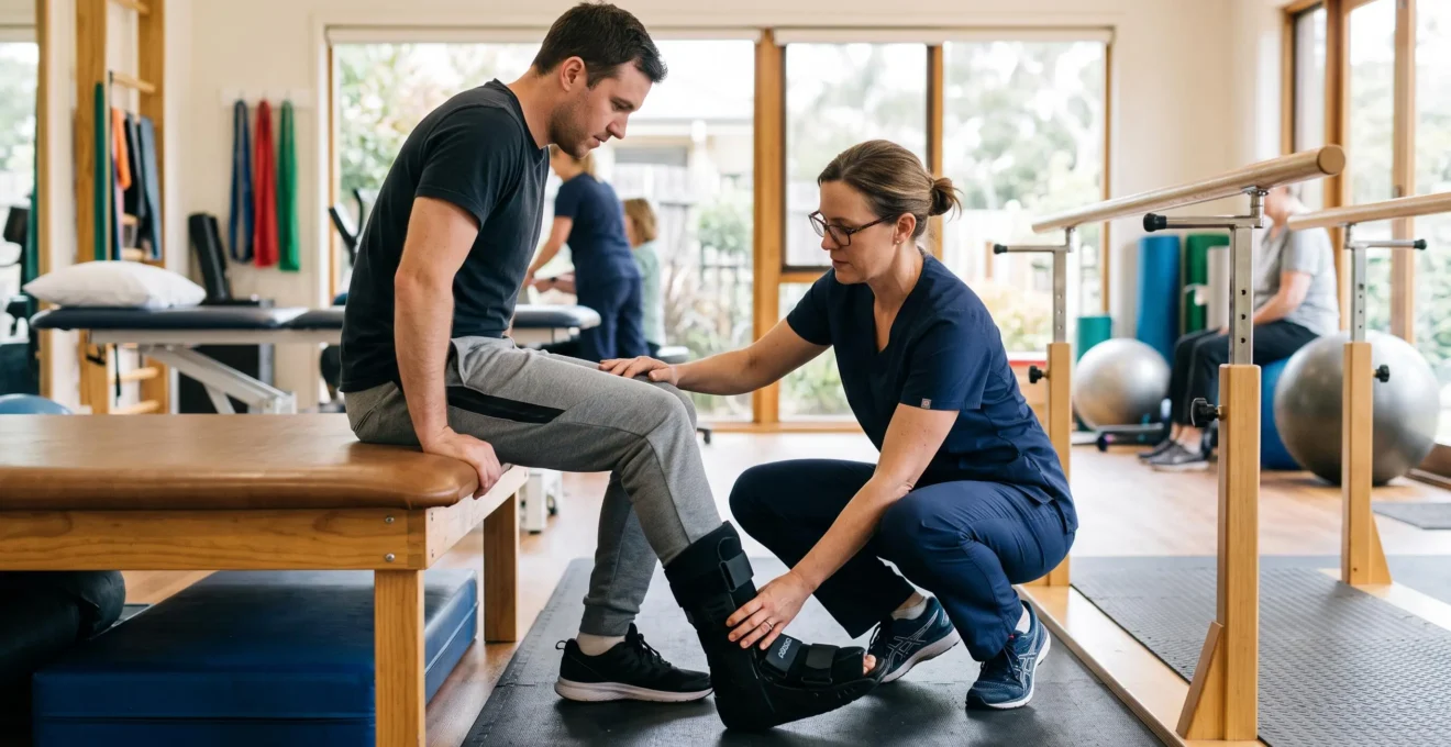 Physiotherapist guiding a patient with a surgical shoe through weight-bearing rehabilitation.